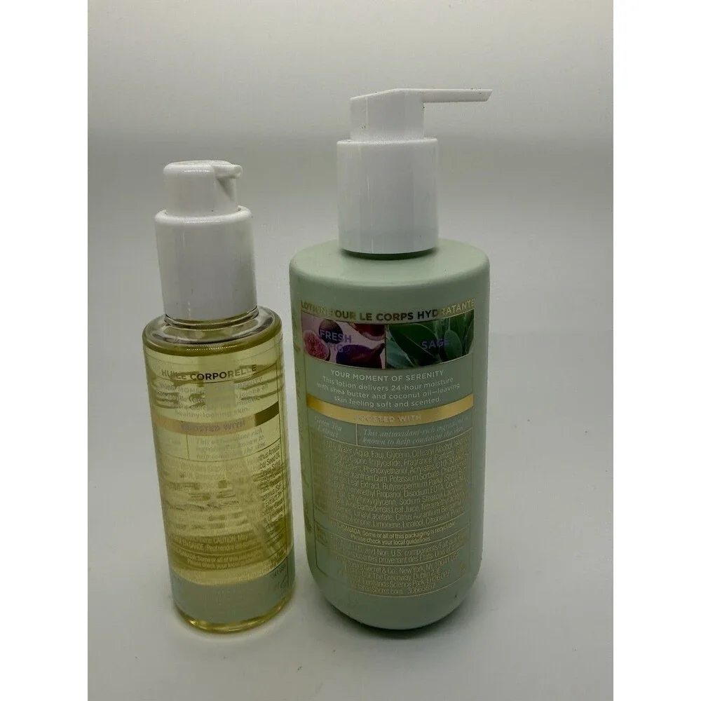 Victoria's Secret Fresh Fig Sage Green Tea Body Oil 4.3oz,‎ Lotion 10oz Set New